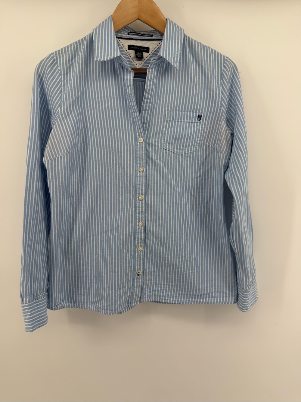 Tommy Hilfiger Light Blue and White Striped Women's Button-Up Blouse